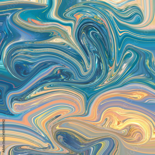 Cool abstract swirl art in teal, peach, and ivory hues, evoking a calm and dreamy atmosphere.