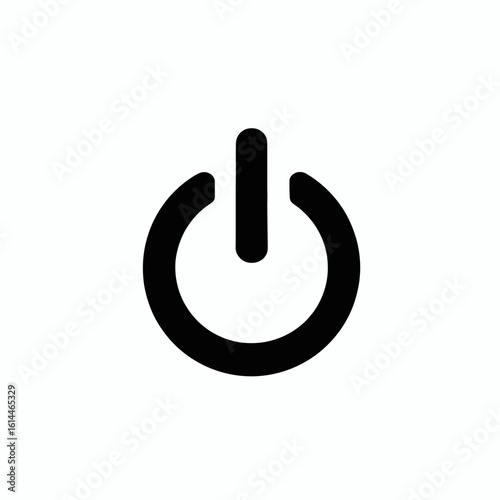 A minimalist black power button icon, a circle with a vertical line, symbolizing on, off, and standby, isolated on a white background.