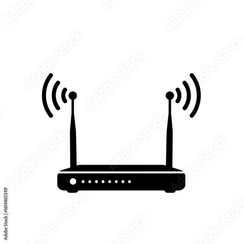 A black silhouette icon of a wireless internet router with two antennas broadcasting a Wi-Fi signal.