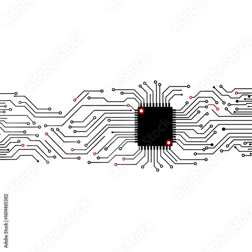 A central microchip with intricate black electronic circuit traces and red connection points on a white background.