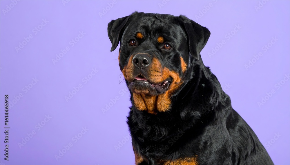 Fototapeta premium Close-up of a Rottweiler against a vibrant purple background