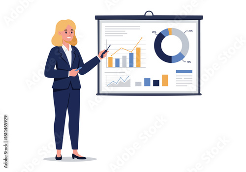 Flat 2D Business Woman Presenting Charts - Modern Flat Vector on White Background