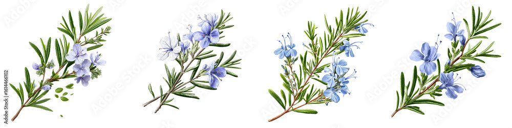 Fototapeta premium Rosemary Herb with Flowers: Watercolor Illustration Isolated on White