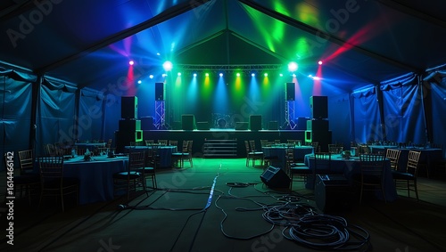 Vibrant event tent with stage lighting and tables ready for a celebration or concert
