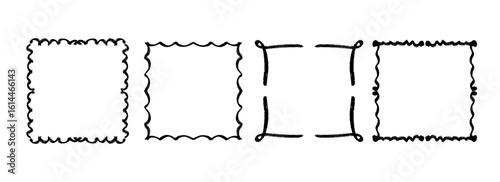 Square hand drawn wavy frame set. Black curly ribbon border collection. Vector doodled lace cadre frames. Curved squiggly border pack for invitation, wedding party, birthday, greeting design