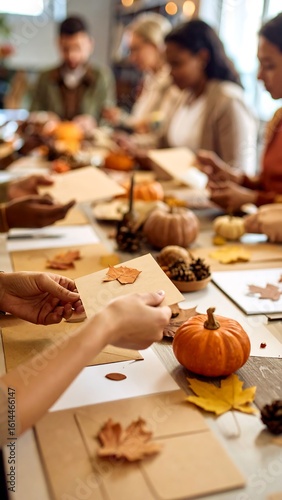 Diverse group crafting autumnal decorations