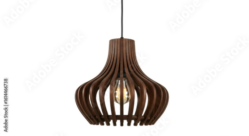 Elegant wooden pendant lamp with unique design, illuminating a modern interior space