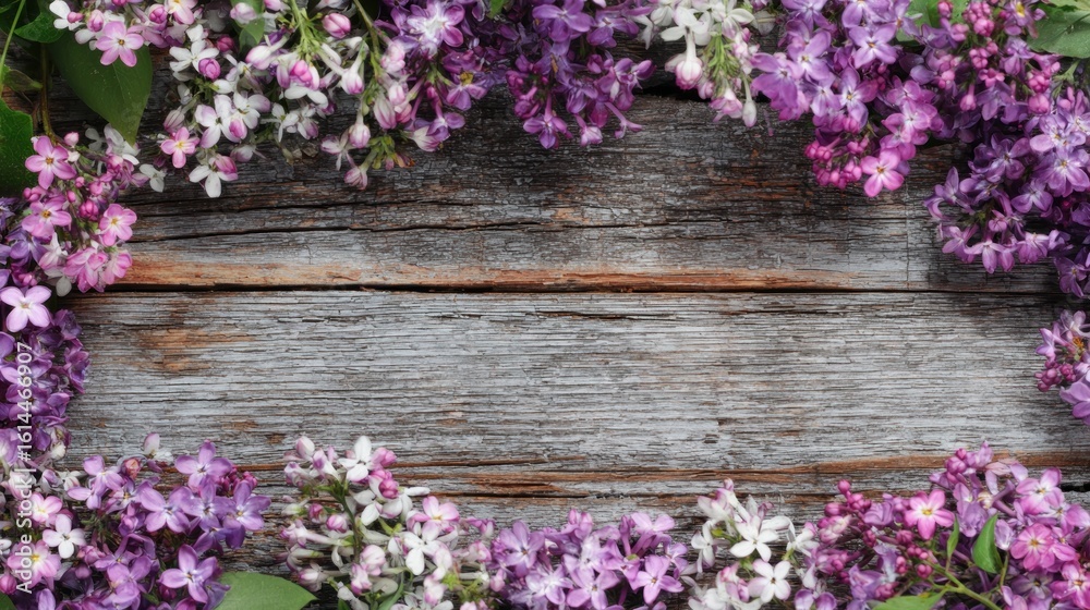 Fototapeta premium Purple lilac flowers arranged in a frame on weathered wood.