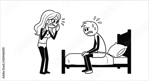 Relationship problems cartoon illustration of couple arguing in bedroom with stick figures art style