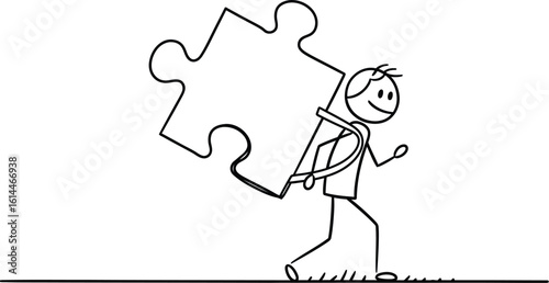 Stick figure carrying puzzle piece concept for problem solving teamwork and business strategy