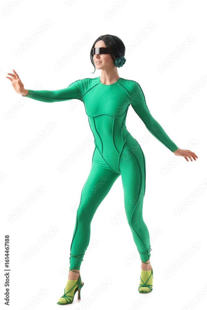 Young woman in futuristic costume with VR glasses on white background Young woman in futuristic costume with VR glasses on white background