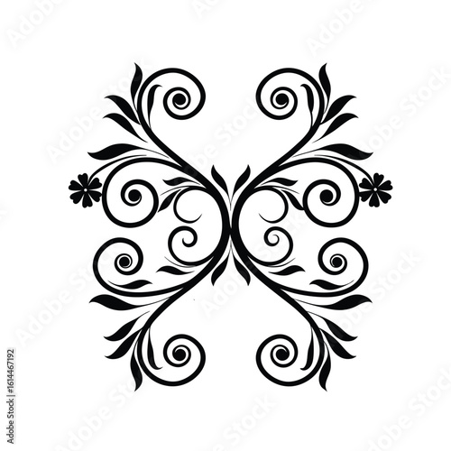 A symmetrical floral design vector isolated on white background showcases elegant swirls and decorative elements, perfect for adding a touch of classic style to any project