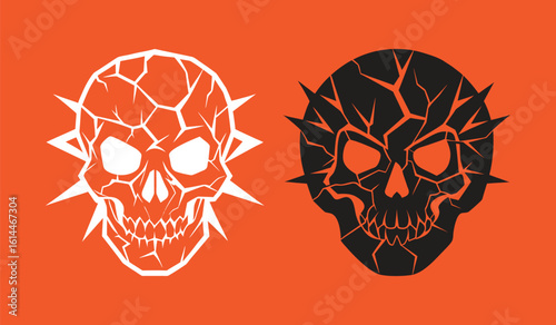 Two stylized skull representations with jagged edges and cracked texture in contrasting colors