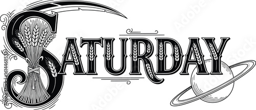 Saturday vector illustration with wheat and saturn for graphic design projects and typography art