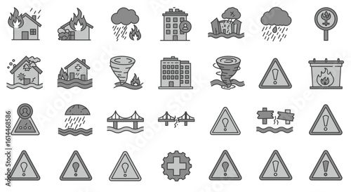 Disaster and natural hazard icon set featuring fires, floods, and storms