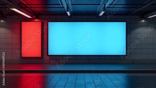 Commercial Display Mockup: Blank Billboard in Modern Train Station with Colorful Ambience Light