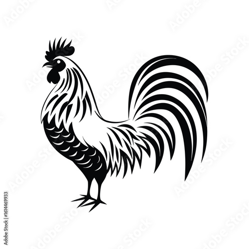 A black rooster silhouette, a symbol of farm life and morning calls, isolated on white background