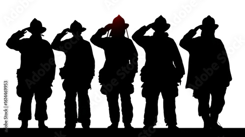 Firefighters silhouette salute with red helmet on transparent background