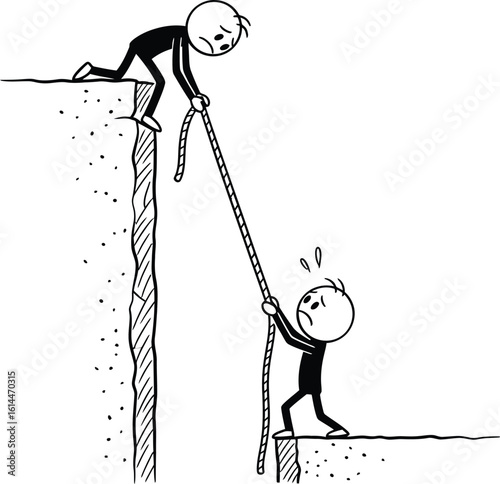 Stick figure helping hand concept illustration of teamwork support and rescue assistance scene