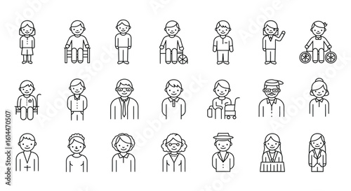 Diverse group of line art people icons representing different ages and abilities