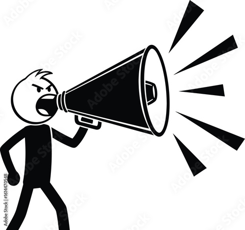 Stick figure shouting into megaphone vector illustration for announcement promotion and protest
