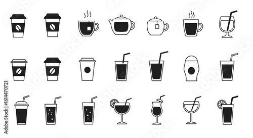 Collection of beverage icons featuring various cups, glasses and teapots in black and white