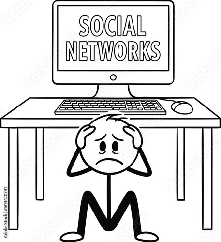 Social media burnout concept illustration showing stressed person overwhelmed by social networks