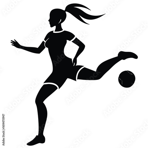 Athletic female kicking soccer ball football player