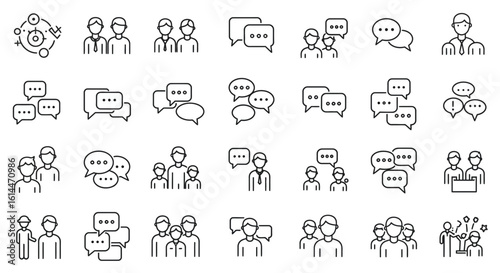 Line icons representing communication teamwork collaboration and brainstorming