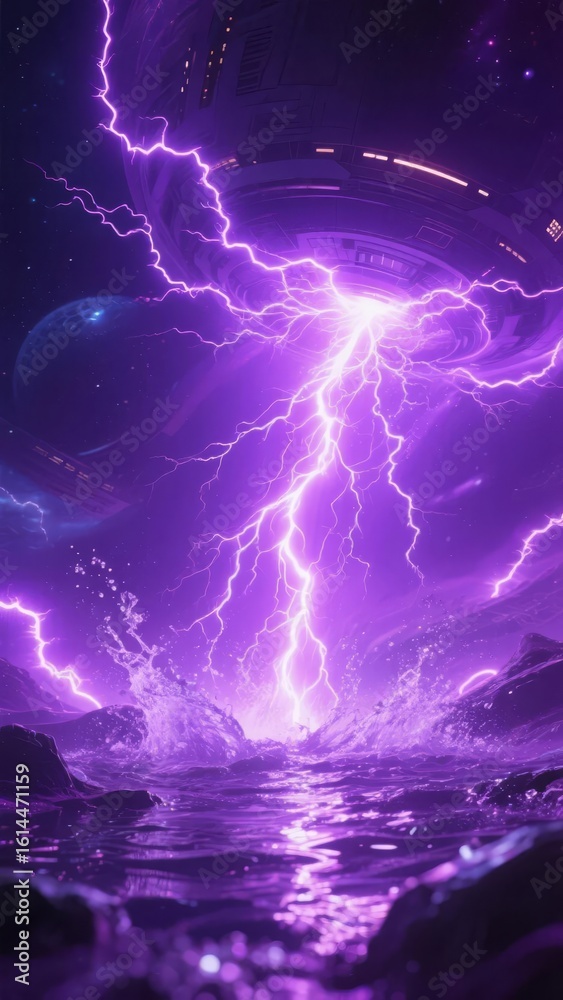 Obraz premium Vivid Purple Lightning Strikes Over a Futuristic Landscape