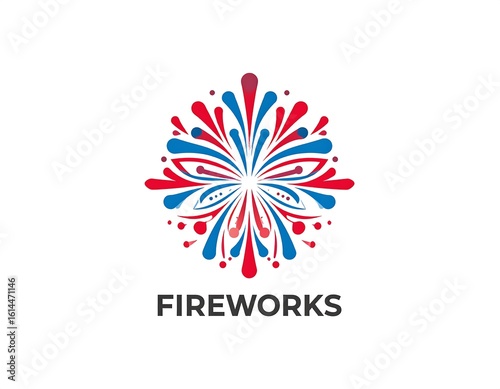 Circular fireworks design, red & blue, stylized