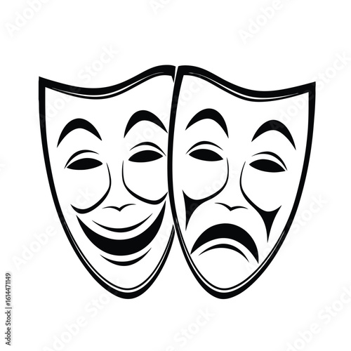 The iconic comedy and tragedy masks are isolated on white background, symbolizing the essence of theater, drama, and the spectrum of human emotions