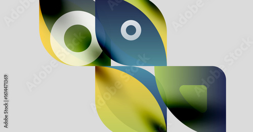 Abstract shapes overlap, creating vibrant color blends. Soft gradients suggest depth, form modern design element.