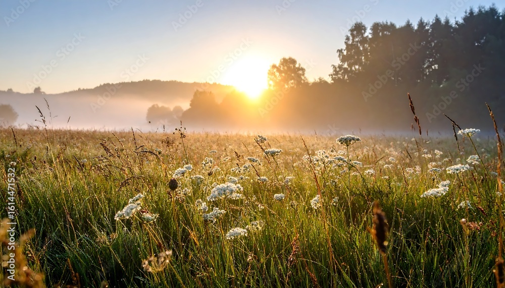 Fototapeta premium Foggy sunrise over meadow