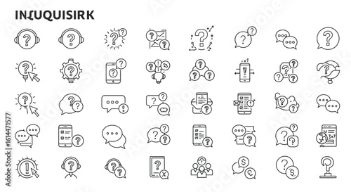 Collection of thin line icons depicting questions, answers, and support services