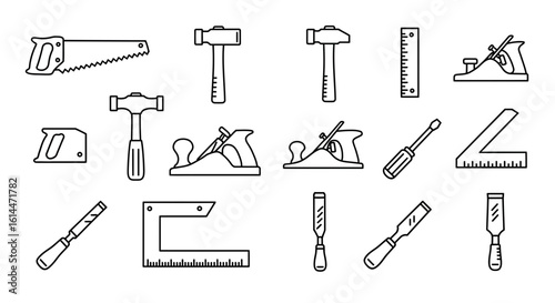 Vector line art illustration of carpentry tools, woodworking equipment, design element