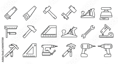 Line art illustration of various woodworking tools representing carpentry and construction