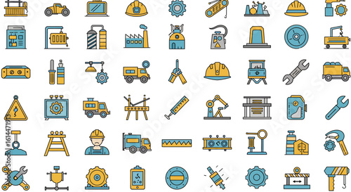 Outline icon set of industrial manufacturing and engineering related equipment