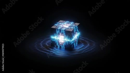 Futuristic Cube with Blue Energy Pulse Emanating into Water, Digital Art Concept