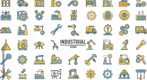 Industrial Icon Set Illustration Depicting Various Machines and Tools Related to Manufacturing
