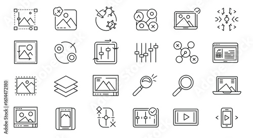 Set of minimal line icons representing image and video editing and graphic design