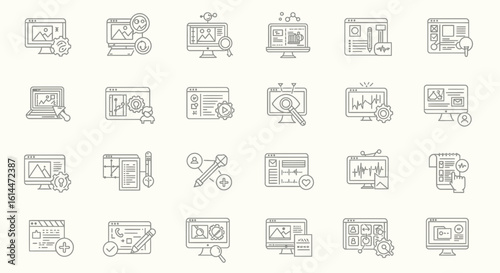 Outline style icon pack representing design and website creation tools and functions
