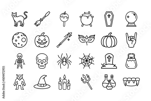 Halloween Vector Icon Set. Cat, Broom, Pumpkin, Skull, Ghost, Spider, Witch Hat, Coffin, Web, Skeleton, Cauldron, Potion, Vampire Teeth, and More. Editable stroke. Vector illustration.