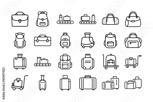 Luggage, Baggage, and Backpacks Icon Set. Travel, suitcases, backpacks, travel bags, luggage trolley, baggage claim, and more. Editable stroke. Vector illustration