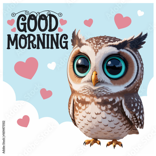 Good Morning Owl – Cute Cartoon Bird with Blue Eyes, Hearts, and Cloud Background