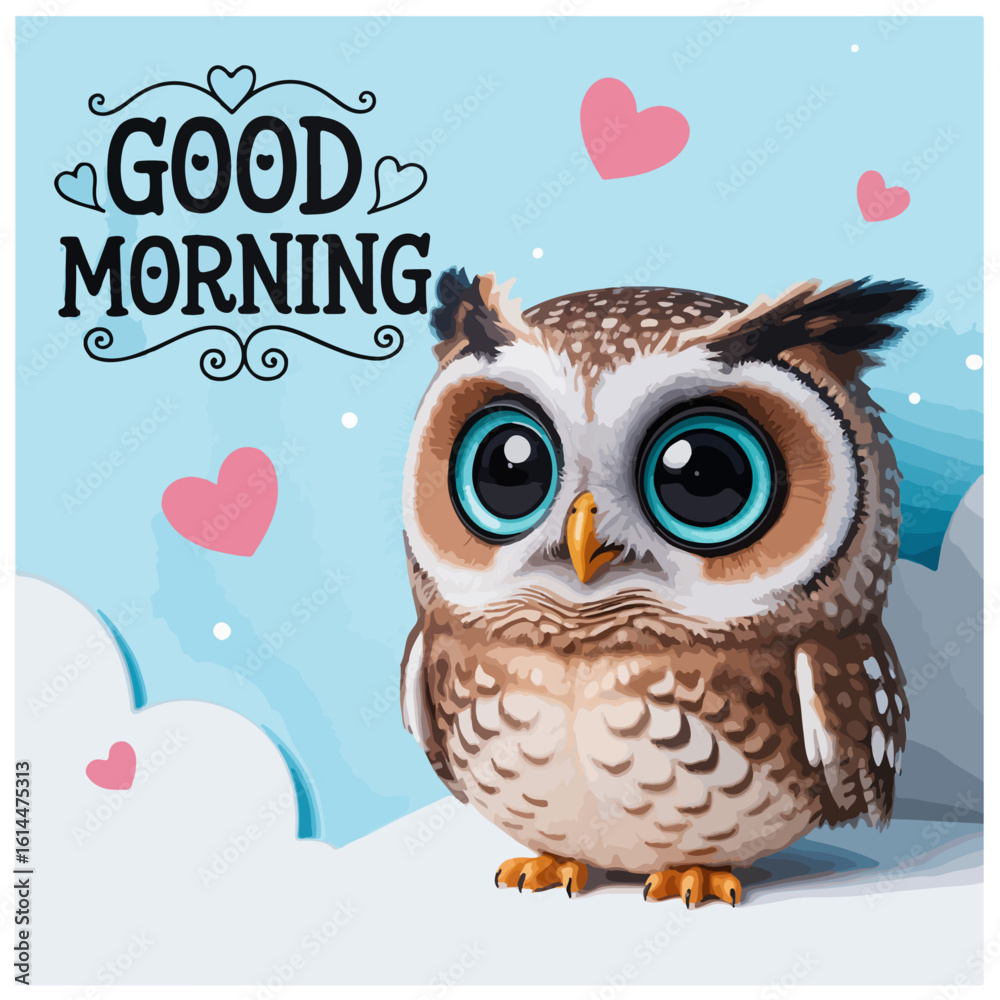 Fototapeta premium Good Morning Owl – Cute Cartoon Bird with Blue Eyes, Hearts, and Cloud Background