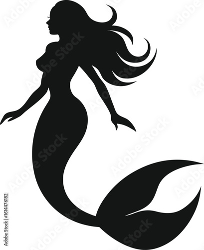 Elegant Mermaid Silhouette with Flowing Hair and Curvy Tail in Black