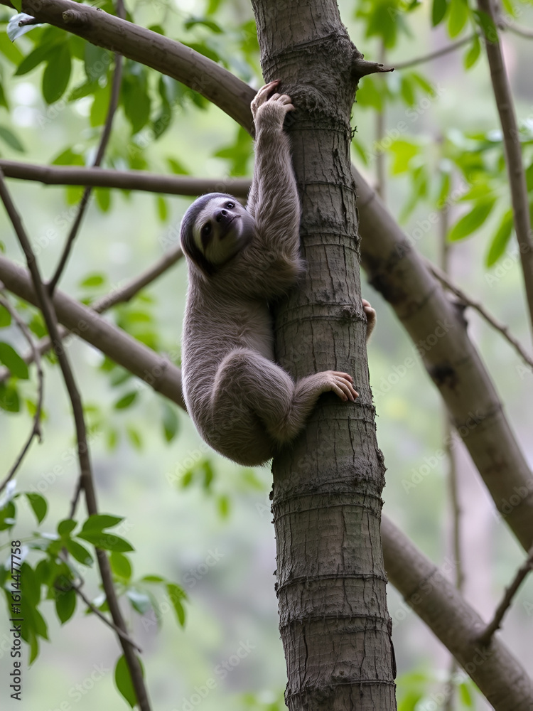 Fototapeta premium Lazy ascent: A sloth climbing a tree in Brazil's nature reserve