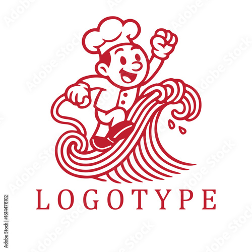 Playful cartoon-style red-and-white illustration of a cheerful noodle chef surfing a dynamic wave made of noodles, bursting with motion and character in bold line art.