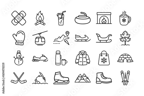 Winter Activities Vector Icon Set. Skiing, snowboarding, ice skating, fireplace, snowman, winter clothing, sledding, snowshoes, snow boots, and more. Editable stroke. Vector illustration.